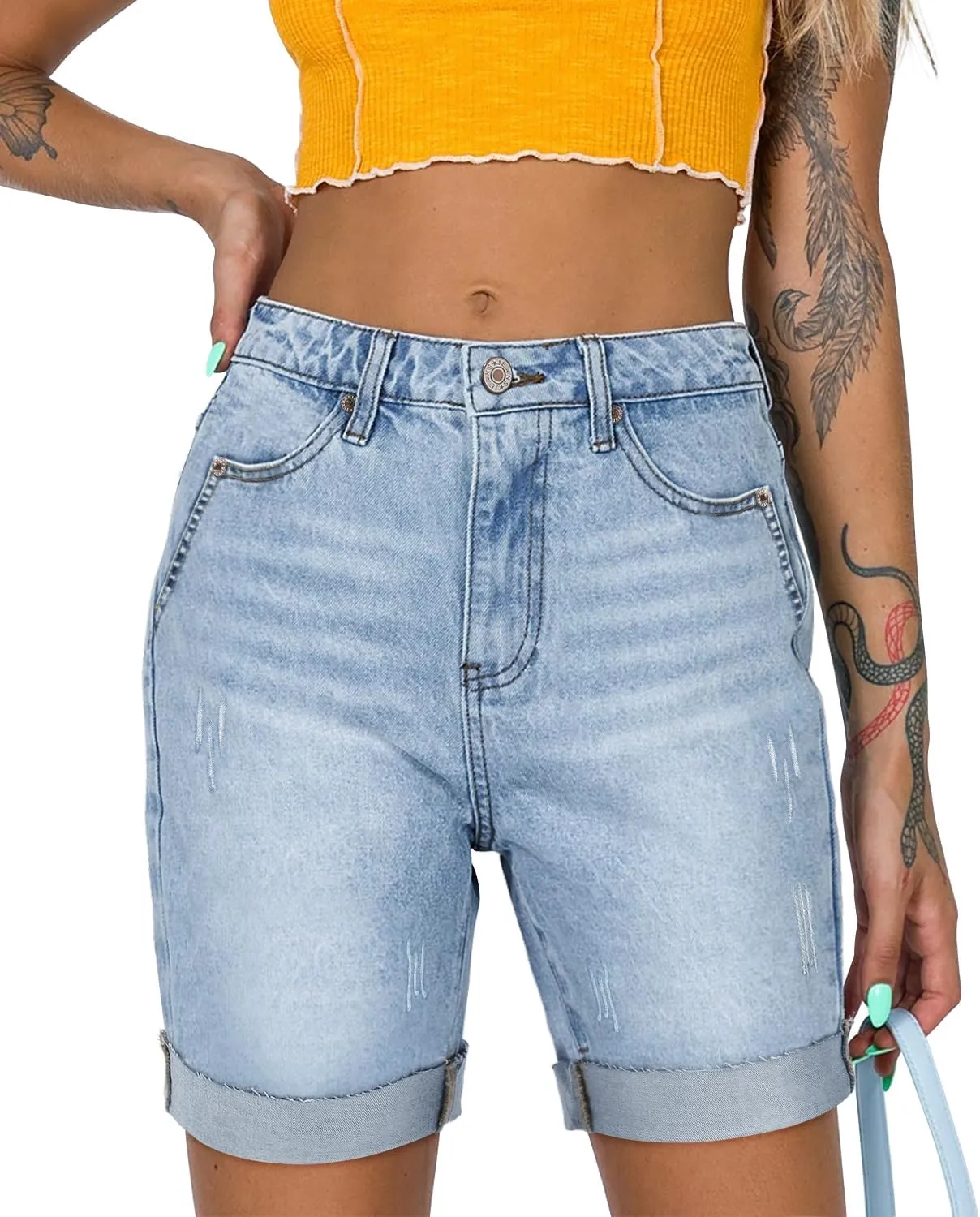 CHICZONE Womens Bermuda Jean Shorts Stretchy Mid Waisted Denim Shorts with Pockets