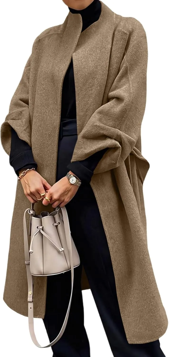 Cicy Bell Womens Long Pea Coats Oversized Wrap Wool Blend Trench Coats Winter Open Front Cardigan Overcoats