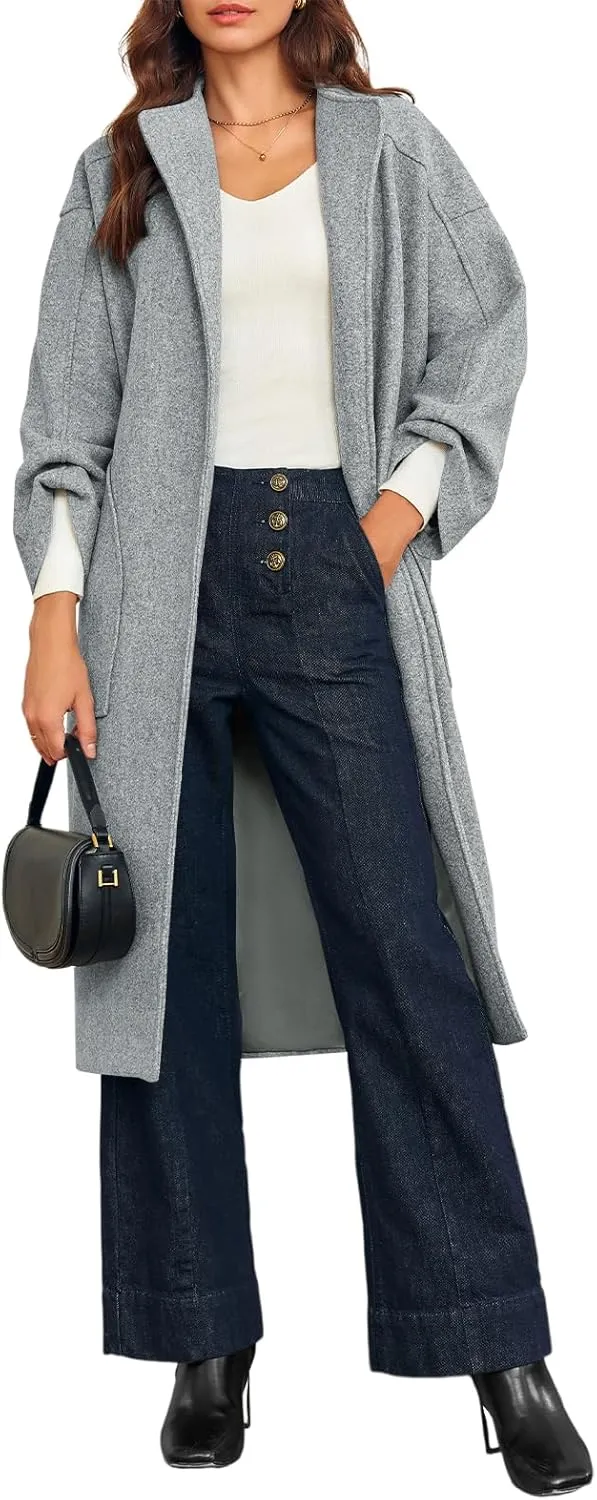 Cicy Bell Womens Long Pea Coats Oversized Wrap Wool Blend Trench Coats Winter Open Front Cardigan Overcoats