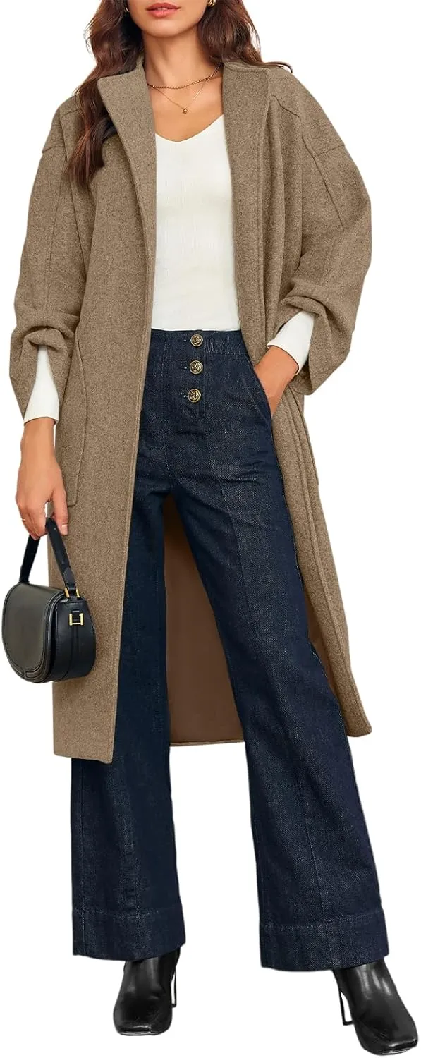 Cicy Bell Womens Long Pea Coats Oversized Wrap Wool Blend Trench Coats Winter Open Front Cardigan Overcoats