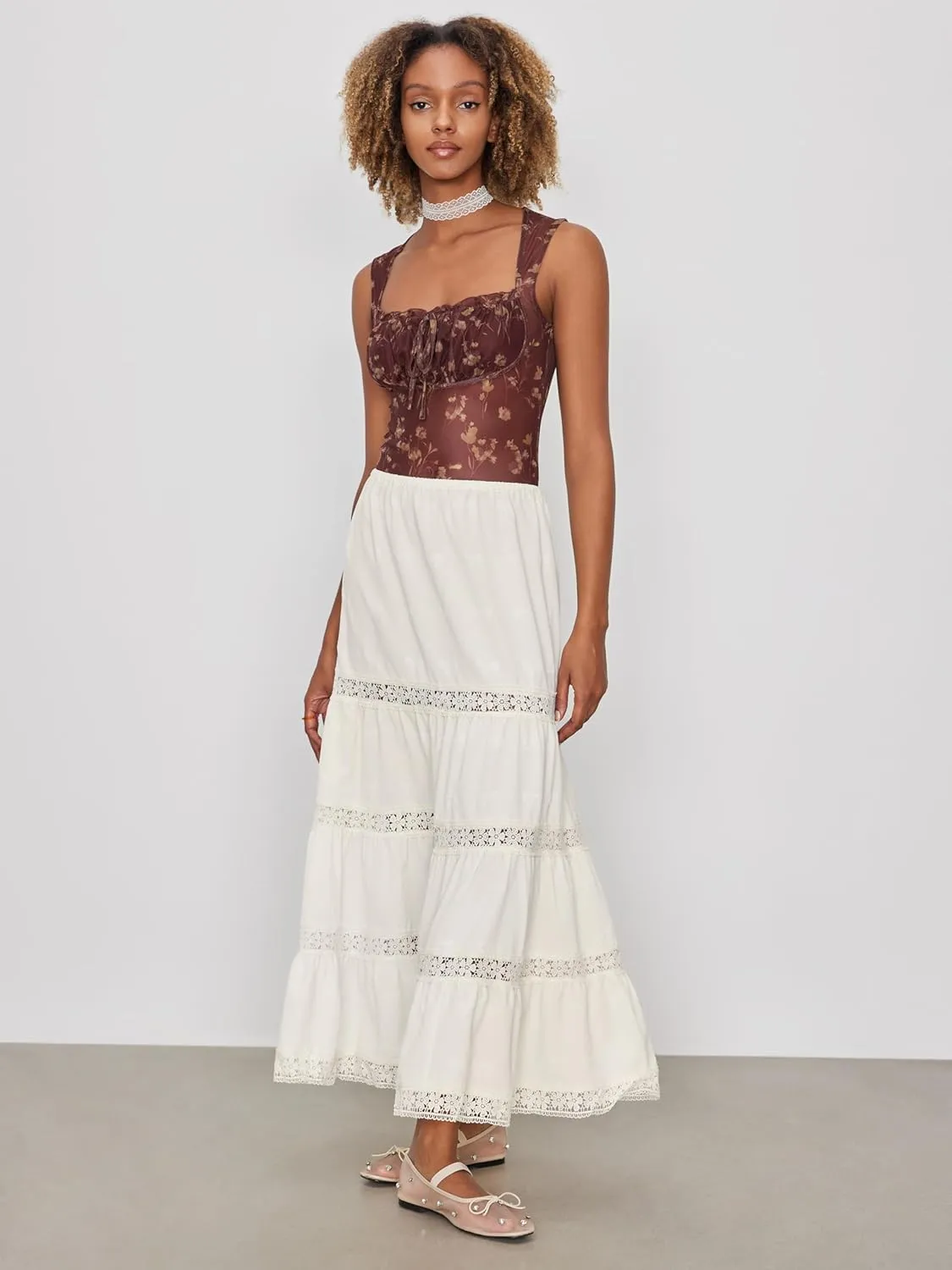 CIDER Santorini Beach Vacation Woven Mid Rise Floral Ruffle Hem Tiered Maxi Skirt