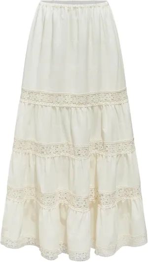 CIDER Santorini Beach Vacation Woven Mid Rise Floral Ruffle Hem Tiered Maxi Skirt