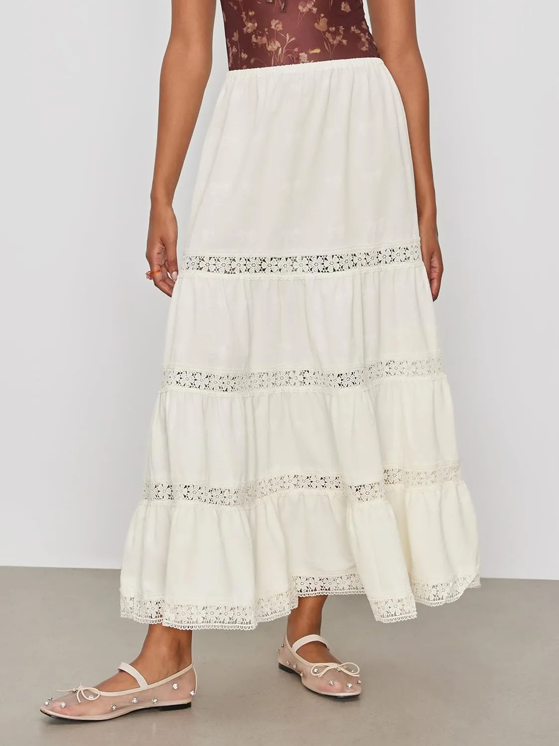 CIDER Santorini Beach Vacation Woven Mid Rise Floral Ruffle Hem Tiered Maxi Skirt