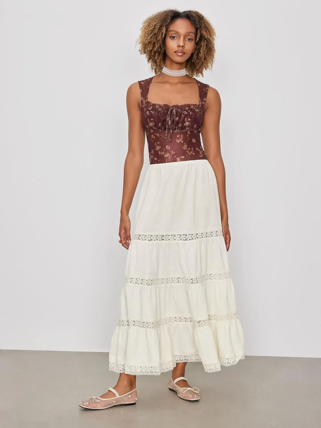 CIDER Santorini Beach Vacation Woven Mid Rise Floral Ruffle Hem Tiered Maxi Skirt