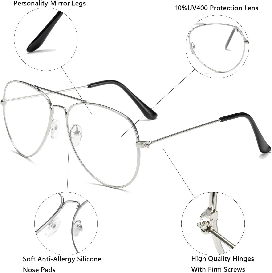 Clear Aviator Glasses Lens Premium Classic Metal Frame Eyeglasses
