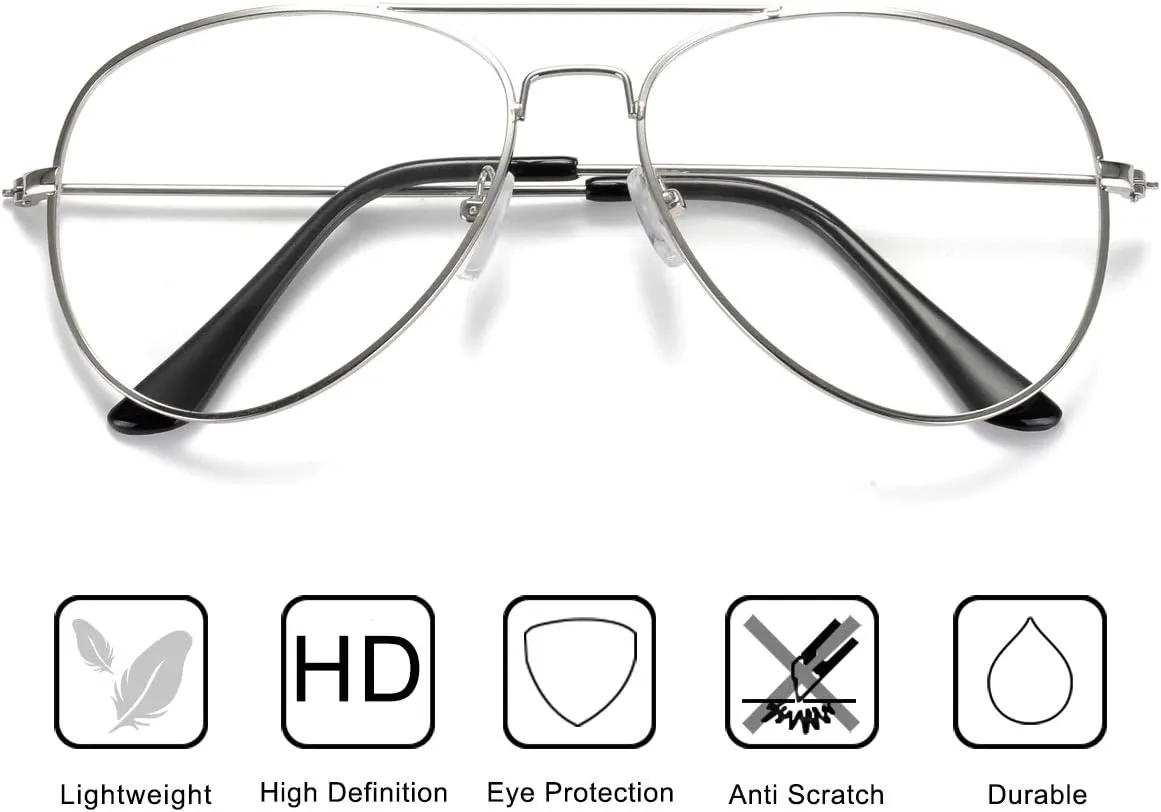 Clear Aviator Glasses Lens Premium Classic Metal Frame Eyeglasses