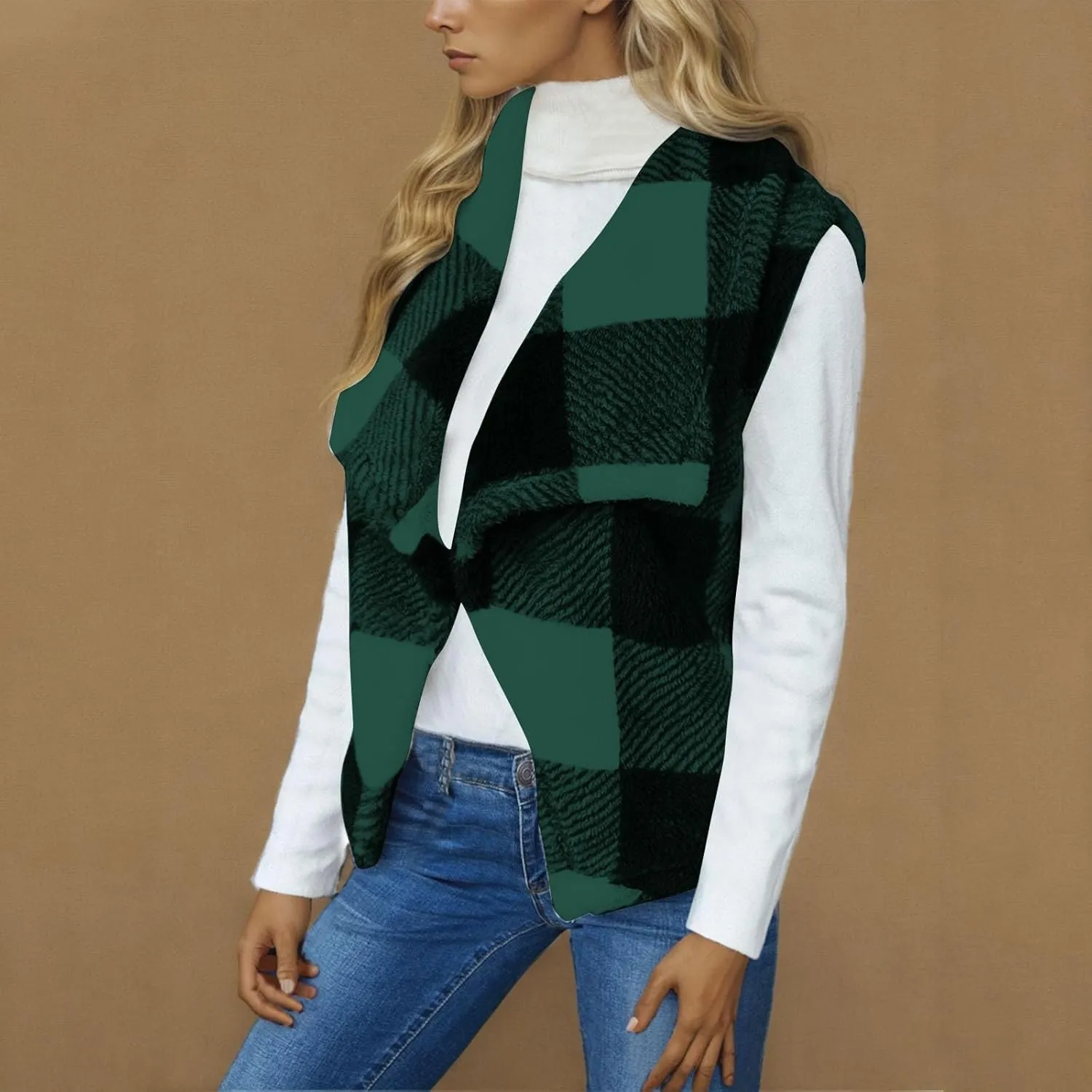 Coats for Women Plaid Open Front Jackets Trendy Plaid Outerwear Oversized Warm Fuzzy Fleece Cardigan Outwear with Pockets
