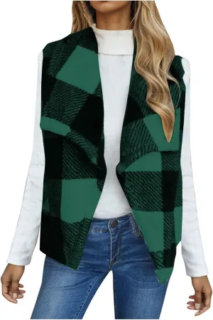 Coats for Women Plaid Open Front Jackets Trendy Plaid Outerwear Oversized Warm Fuzzy Fleece Cardigan Outwear with Pockets