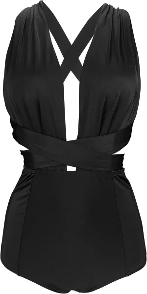COCOSHIP Retro One Piece Backless Bather Swimsuit High Waisted Pin Up Swimwear(FBA)