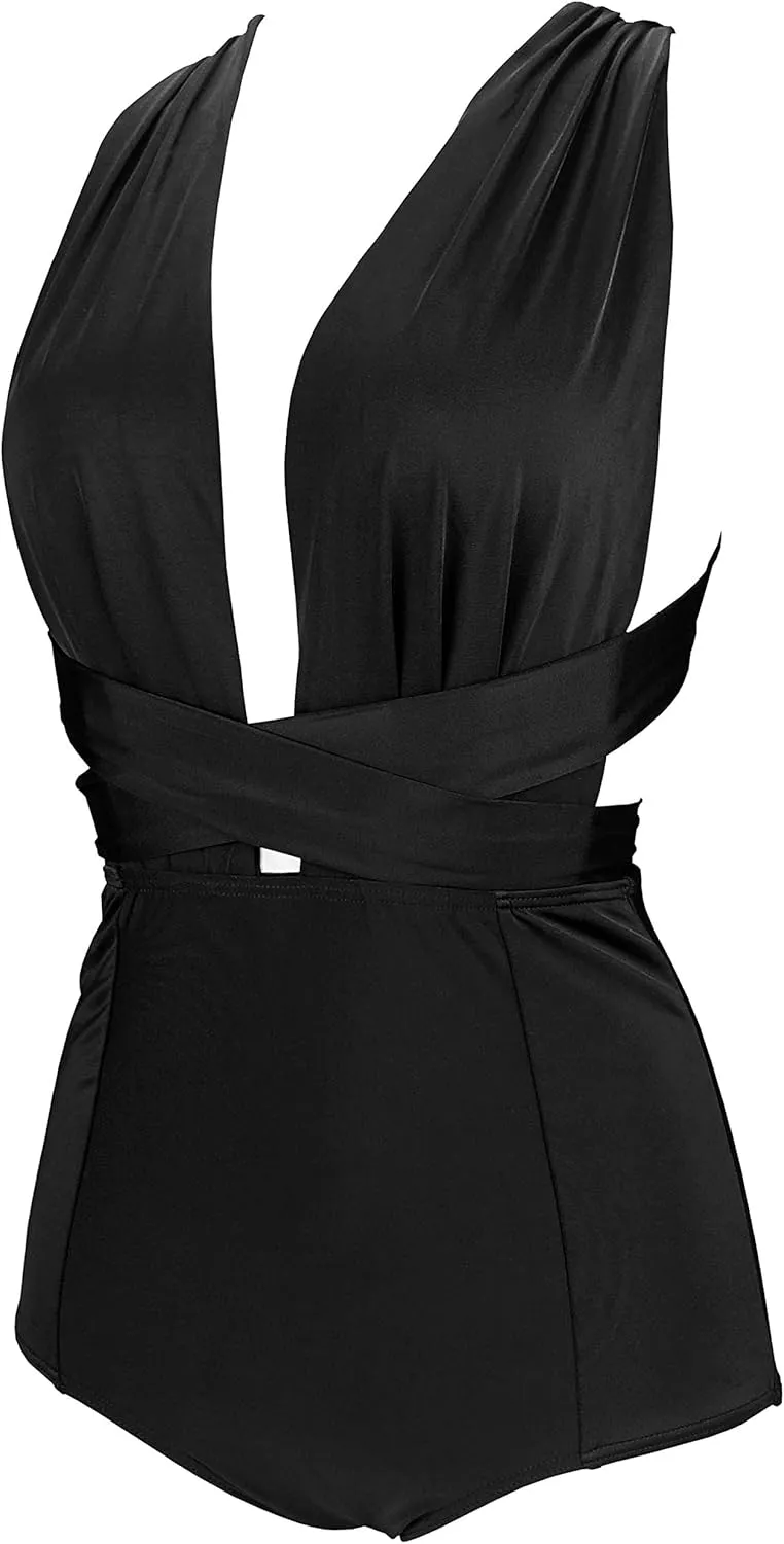 COCOSHIP Retro One Piece Backless Bather Swimsuit High Waisted Pin Up Swimwear(FBA)