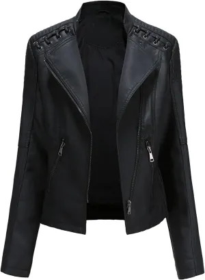 cooki Leather Jacket Women Zip Up Moto Biker Jacket Stand Collar Casual Short Jackets Women's Winter Bomber Jackets