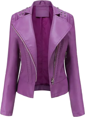 cooki Womens Fashion Slim Fit Zip up Faux Leather Biker Jacket Faux Leather Moto Jacket Casual Short PU Biker Coats