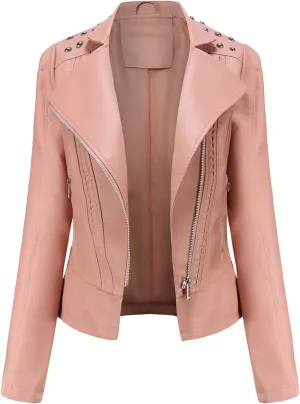 cooki Women's Fashion Slim Fit Zip up Faux Leather Biker Jacket Faux Leather Moto Jacket Casual Short PU Biker Coats