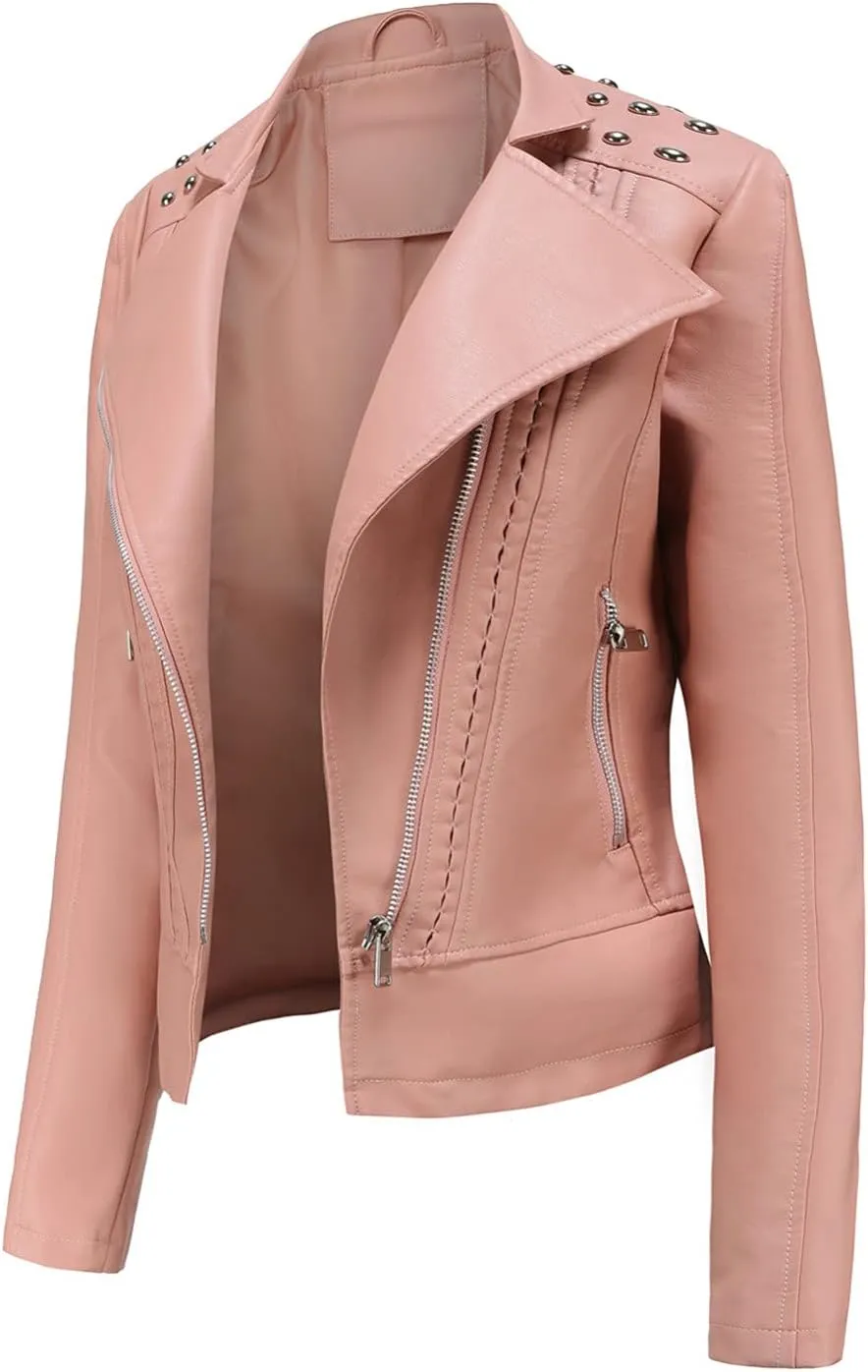 cooki Womens Fashion Slim Fit Zip up Faux Leather Biker Jacket Faux Leather Moto Jacket Casual Short PU Biker Coats