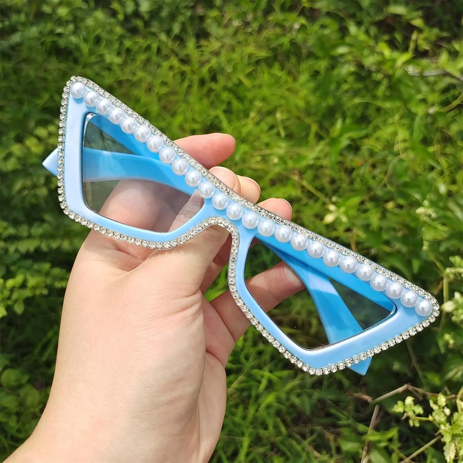 COTIA Fashion Cat Eye Pearl Diamond Sunglasses for Women Retro Narrow Cat-eye Rhinestone Sun Glasses Triangle Vintage Style