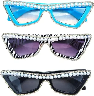 COTIA Fashion Cat Eye Pearl Diamond Sunglasses for Women Retro Narrow Cat-eye Rhinestone Sun Glasses Triangle Vintage Style