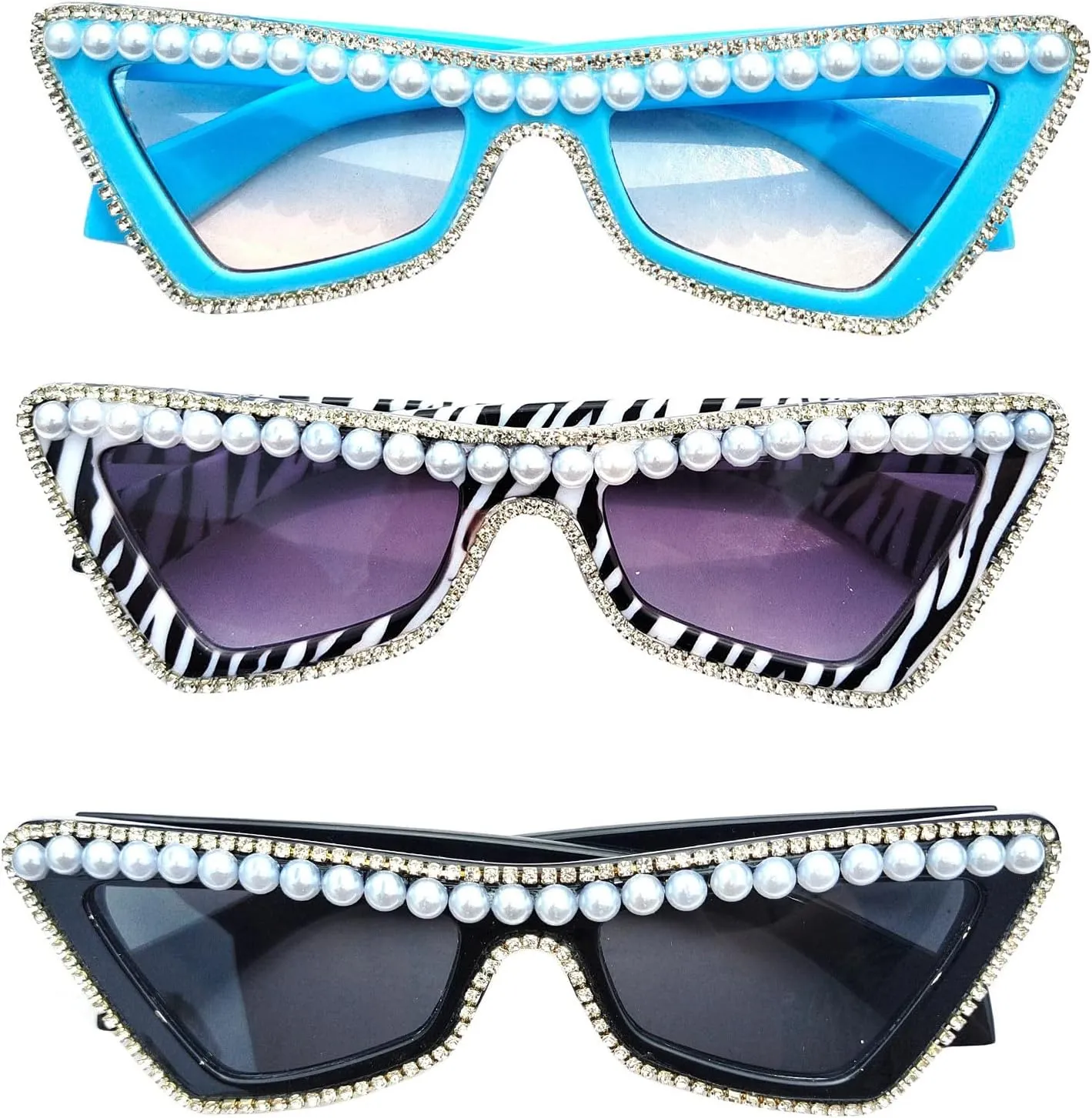 COTIA Fashion Cat Eye Pearl Diamond Sunglasses for Women Retro Narrow Cat-eye Rhinestone Sun Glasses Triangle Vintage Style