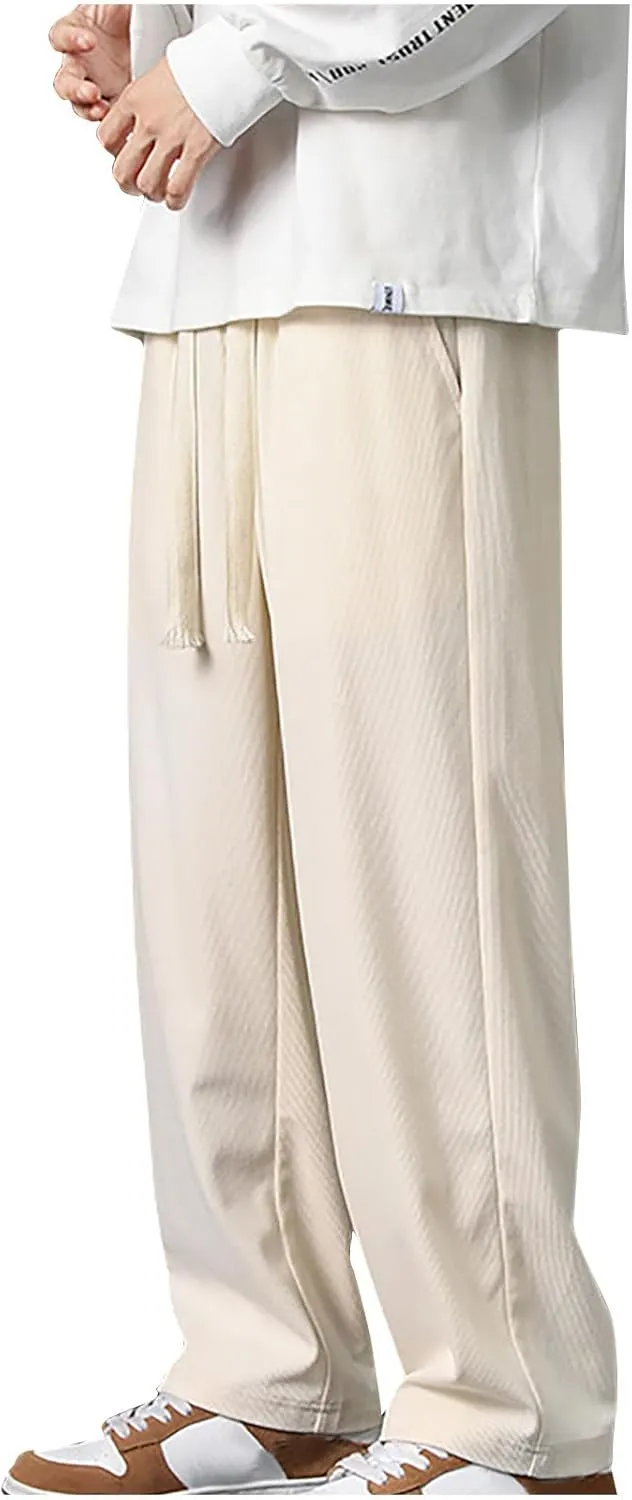 Cotton Men's Wide Leg Casual Pants Elastic Relaxed Drawstring Comfy Lounge Minimalist Daily Home Travel Essentials