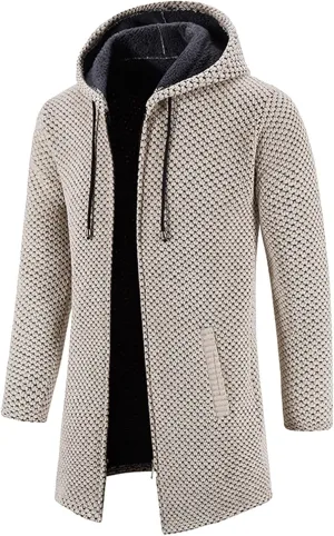 CRNTCEM Mens Long Cardigan Hoodies Winter Fleece Lined Warm Knitted Sweater Coats Full Zipper Open Front Drape Cape Overcoat