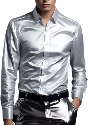 CRNTCEM Men's Luxury Dress Shirt Button Down Shiny Silk Like Satin Long Sleeve Regular Fit Slim Fit Wedding Party Prom Shirts