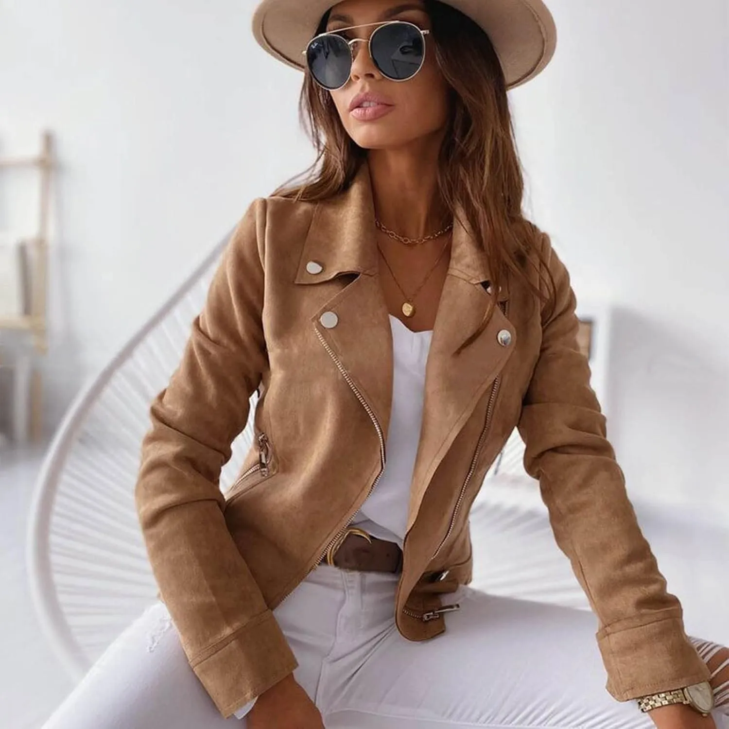 Cropped Biker Moto Jacket Women Faux Suede Motorcycle Jackets Lapel Zipper Slim Short Jacket Solid Long Sleeve Outwear