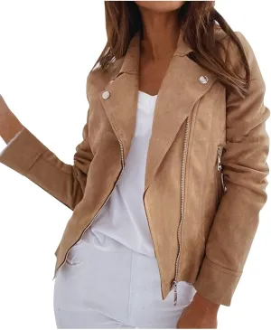 Cropped Biker Moto Jacket Women Faux Suede Motorcycle Jackets Lapel Zipper Slim Short Jacket Solid Long Sleeve Outwear