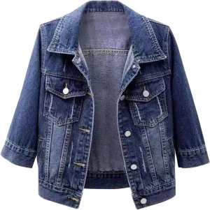 Cropped Denim Jacket for Women 3/4 Sleeve Short Jean Jacket Button Down Retro Lightweight Trucker Coat