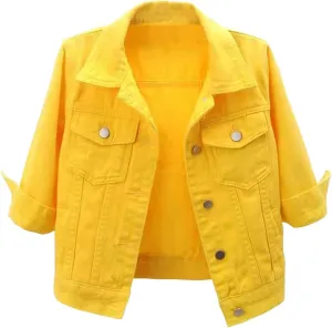 Cropped Denim Jacket for Women 3/4 Sleeve Short Jean Jacket Button Down Retro Lightweight Trucker Coat