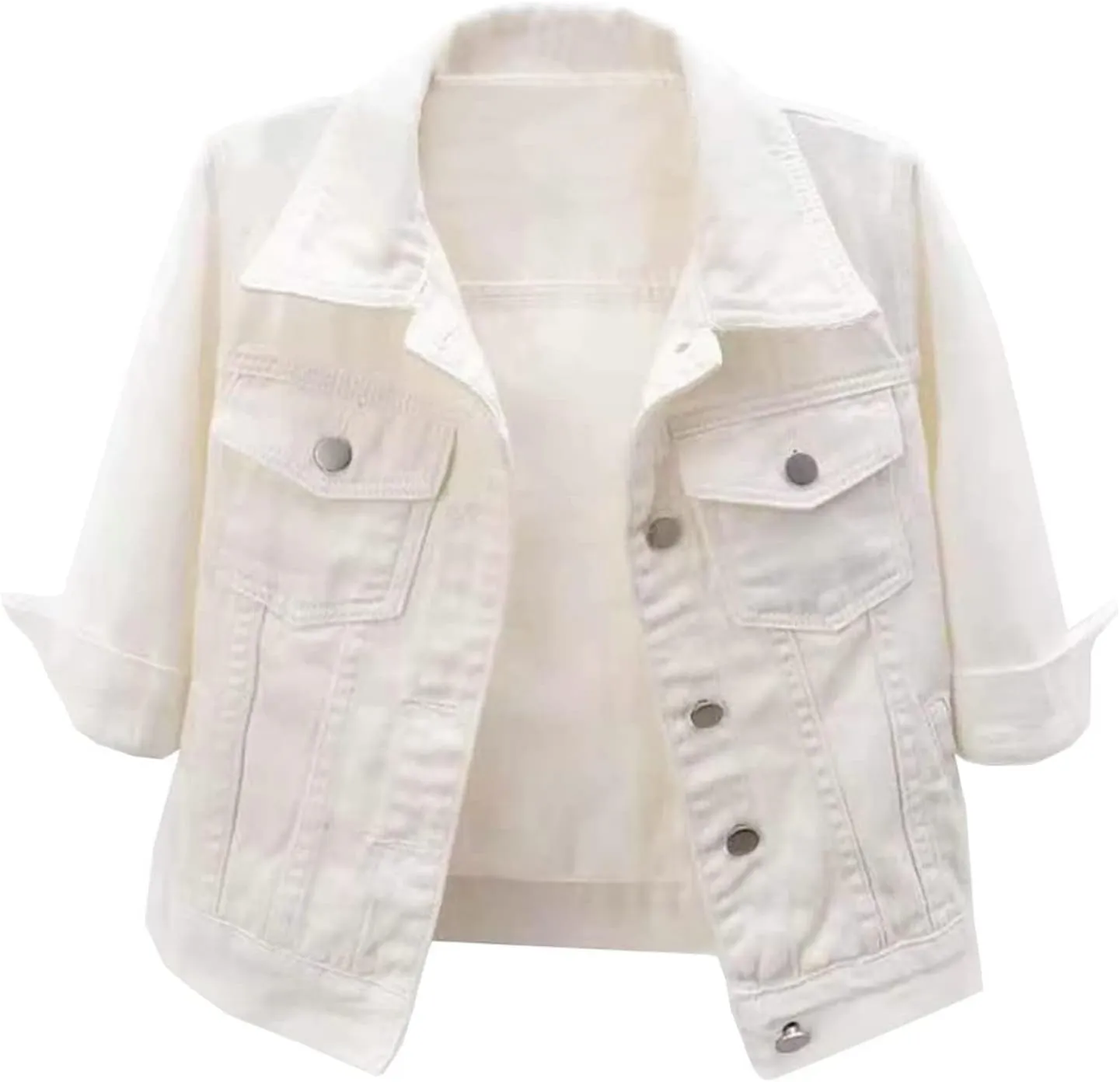 Cropped Denim Jacket for Women 3/4 Sleeve Short Jean Jacket Button Down Retro Lightweight Trucker Coat
