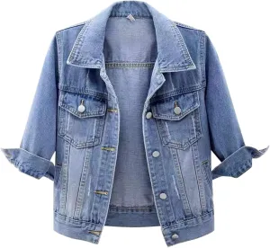 Cropped Denim Jacket for Women 3/4 Sleeve Short Jean Jacket Button Down Retro Lightweight Trucker Coat