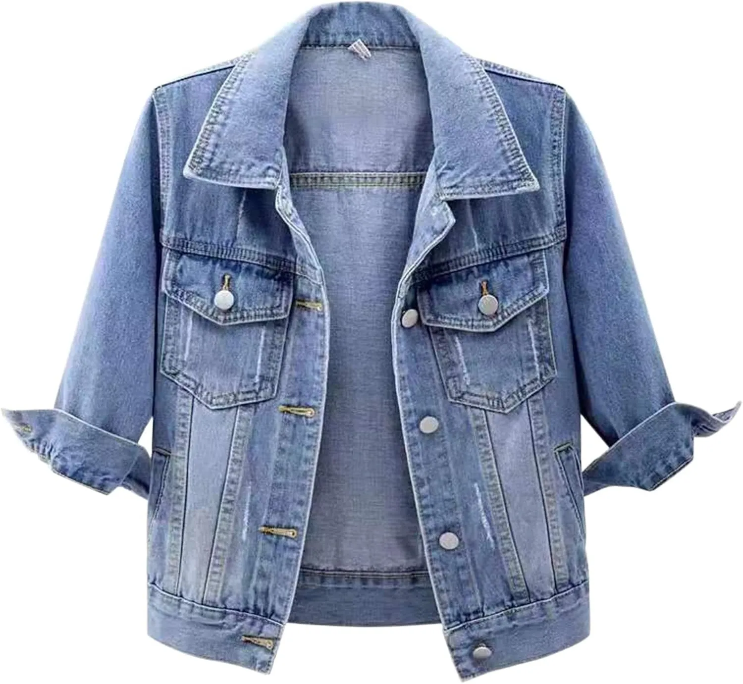 Cropped Denim Jacket for Women 3/4 Sleeve Short Jean Jacket Button Down Retro Lightweight Trucker Coat
