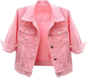 Cropped Denim Jacket for Women 3/4 Sleeve Short Jean Jacket Button Down Retro Lightweight Trucker Coat