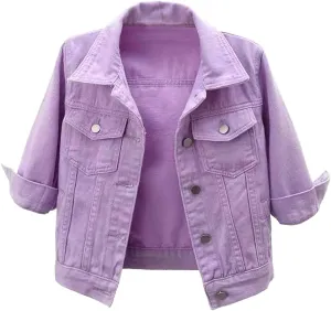 Cropped Denim Jacket for Women 3/4 Sleeve Short Jean Jacket Button Down Retro Lightweight Trucker Coat