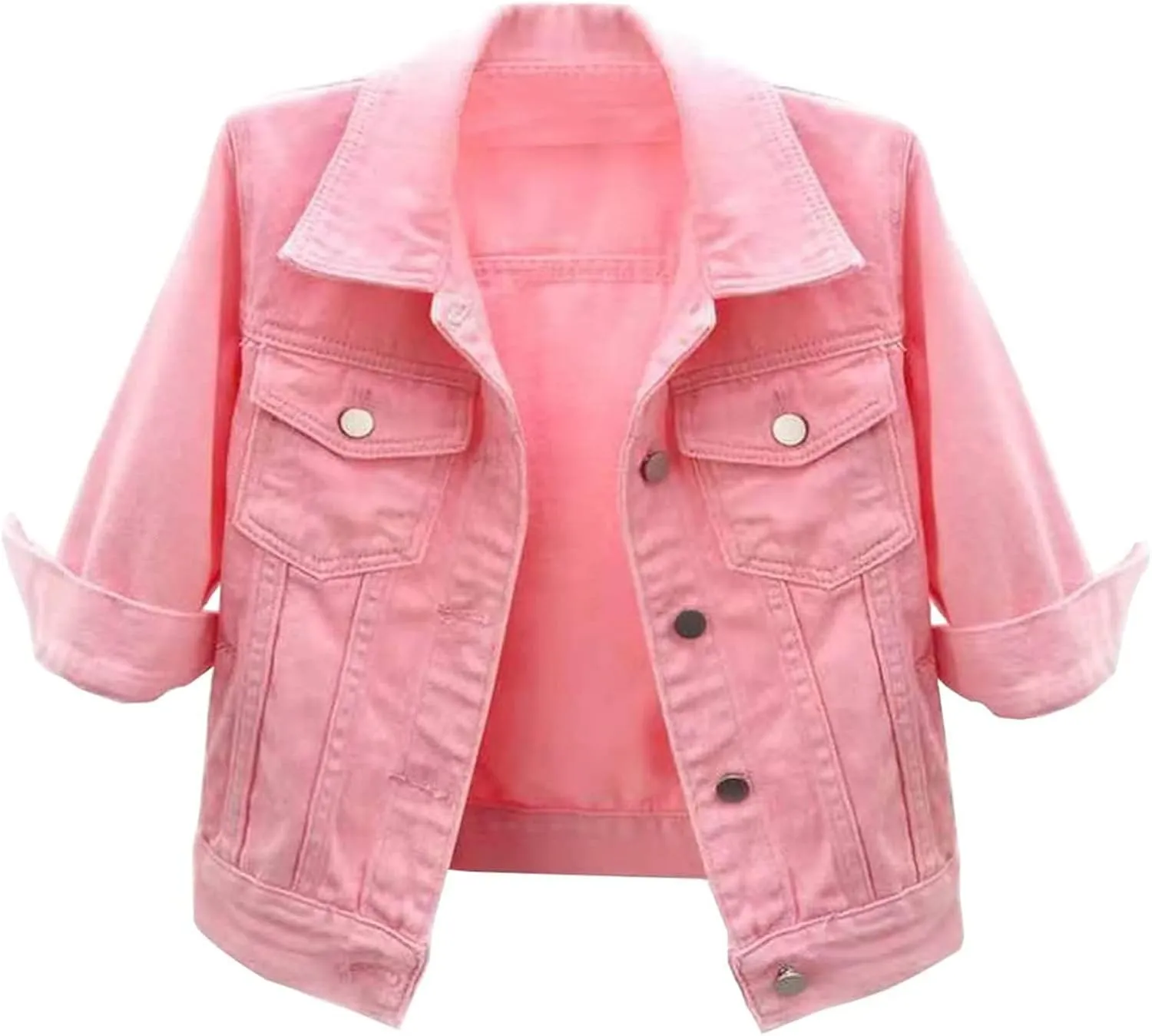 Cropped Denim Jacket for Women 3/4 Sleeve Short Jean Jacket Button Down Retro Lightweight Trucker Coat