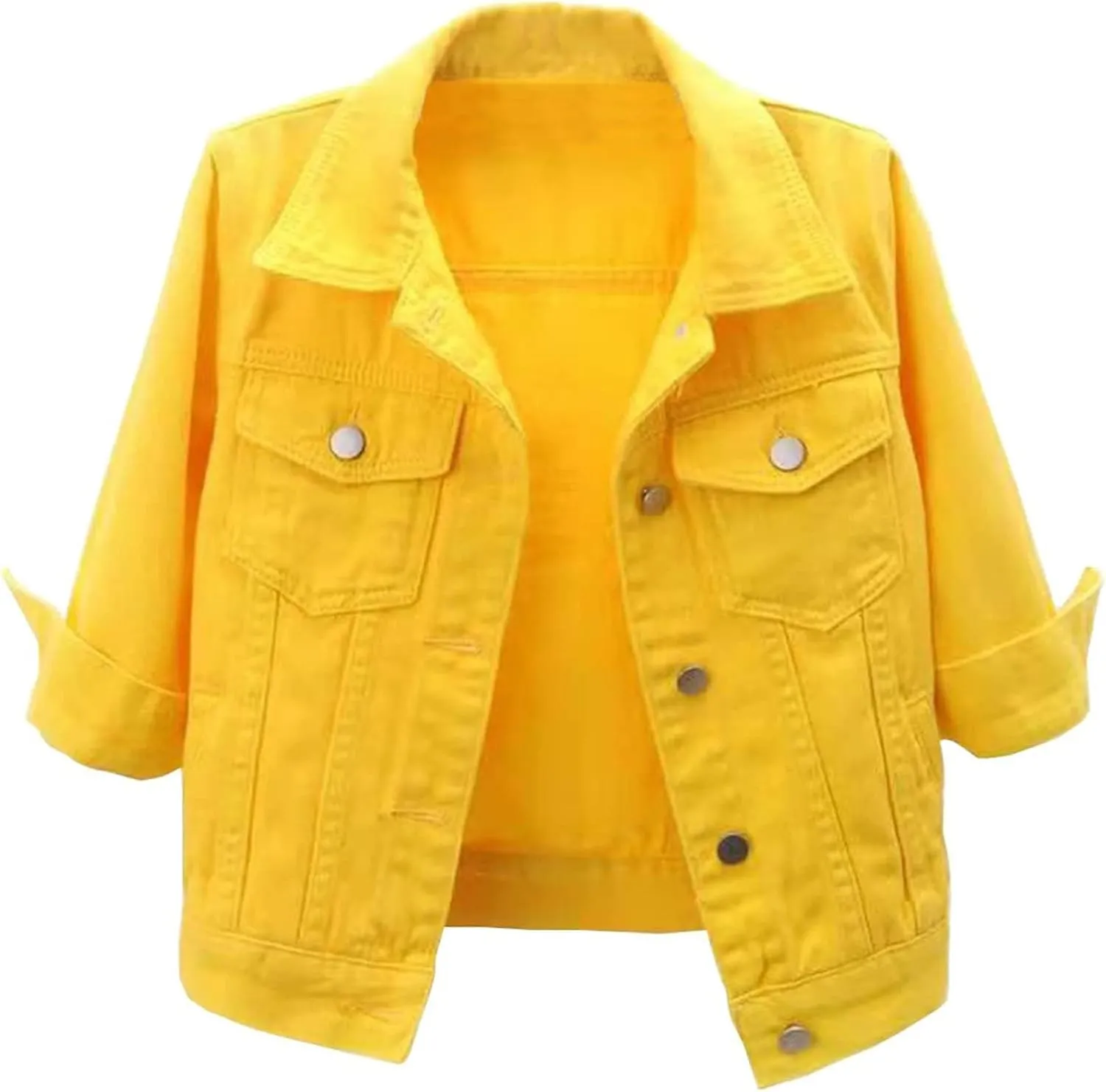 Cropped Denim Jacket for Women 3/4 Sleeve Short Jean Jacket Button Down Retro Lightweight Trucker Coat