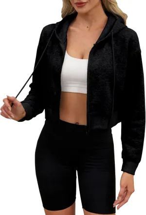 Cropped Jacket Women Causal Long Sleeve Fleece Hoodies Y2k Relaxed Fit Comfy Drawstring Zip Up Jackets with Hood