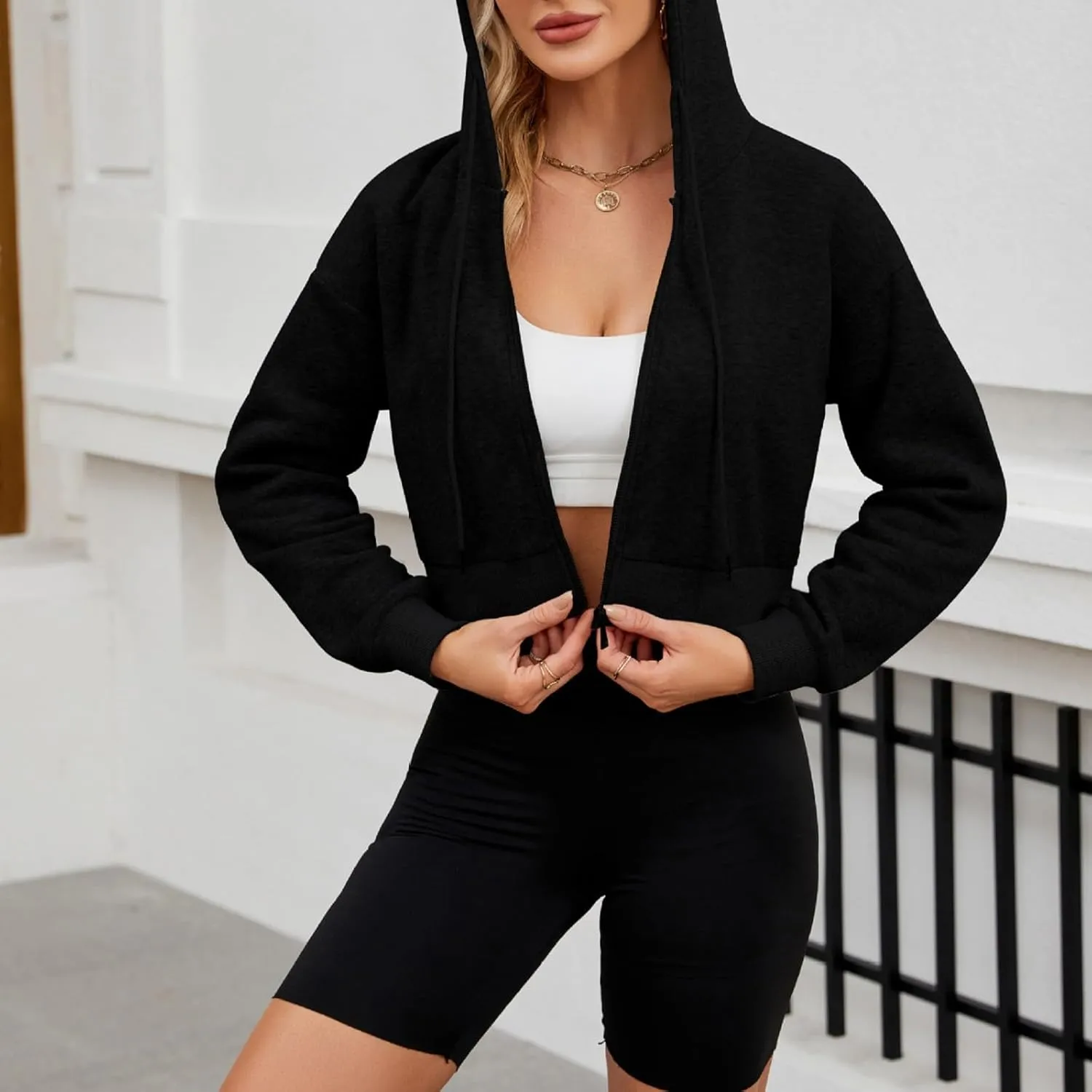 Cropped Jacket Women Causal Long Sleeve Fleece Hoodies Y2k Relaxed Fit Comfy Drawstring Zip Up Jackets with Hood