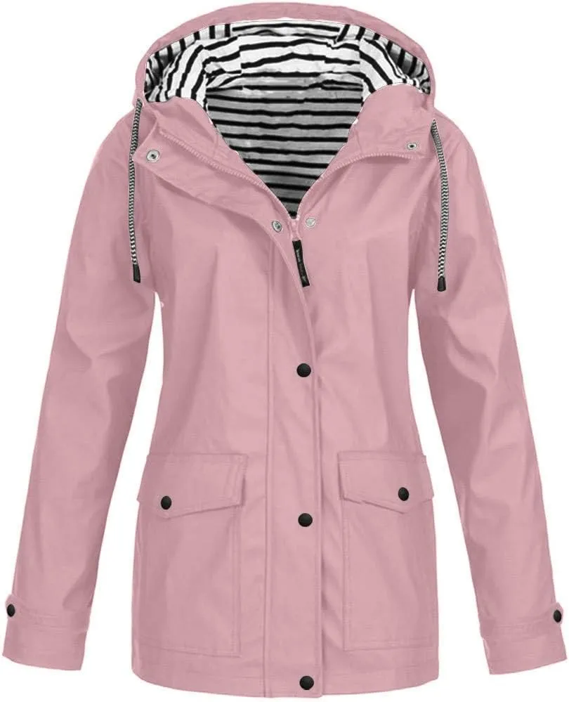DASAYO Womens Zip Up Button Windproof Raincoat Parka Autumn Winter Hooded Trench Coats Walker Rain Jacket Windbreaker