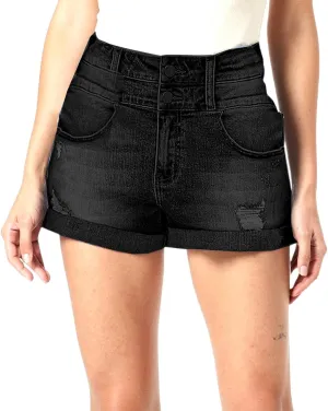 Denim Shorts for Women High Waisted Casual Stretchy Ripped Folded Hem Distressed Jorts Trendy Beach Hot Short Jeans