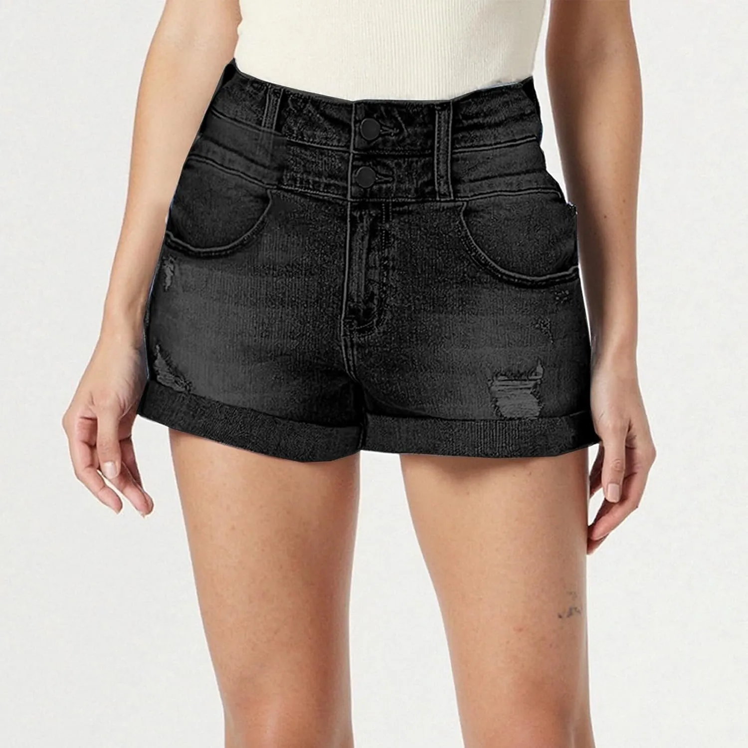 Denim Shorts for Women High Waisted Casual Stretchy Ripped Folded Hem Distressed Jorts Trendy Beach Hot Short Jeans