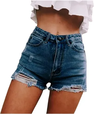 Denim Shorts Women Cute High Waisted Stretchable Vintage Jean Shorts Pure Color Fray Hem Slim Shorts