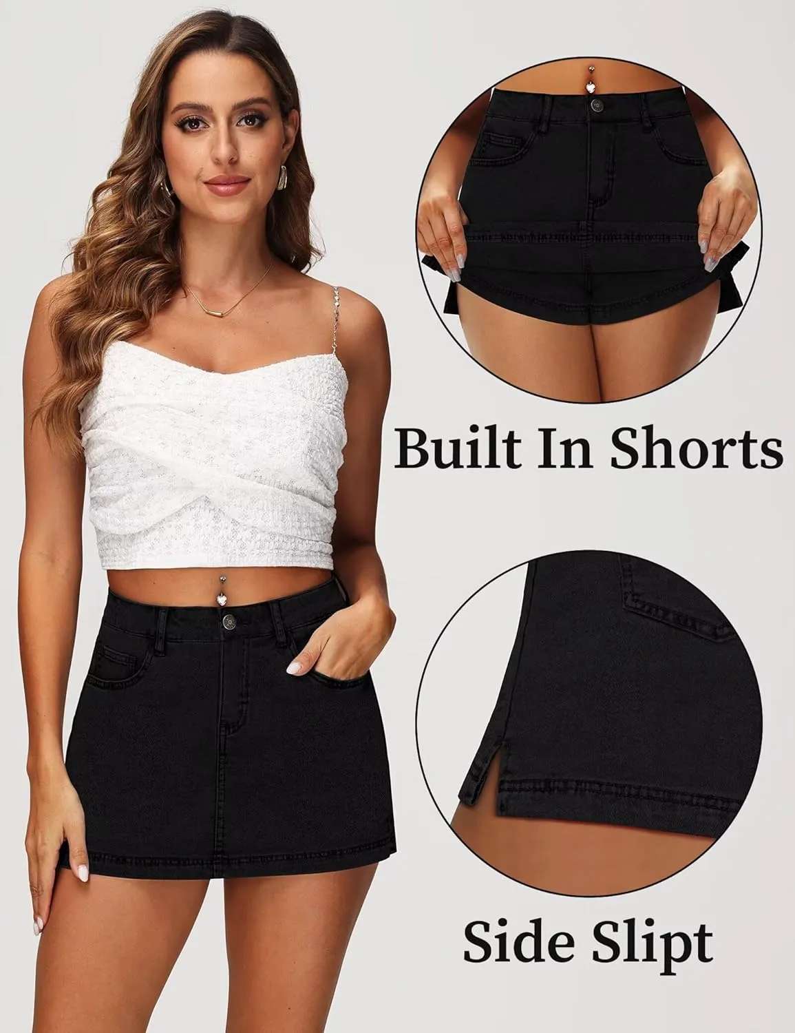 Denim Skort for Women - Mini High Waisted Stretchy Jean Skirt 13" Length with Shorts,Summer Curvy Denim Skorts Shorts