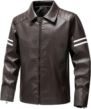 Dgoopd Leather Jacket for Men Zip up Moto Jacket Slim Fit Motorcycle Jacket Turn down Collar Jacket Casual Biker Jacket