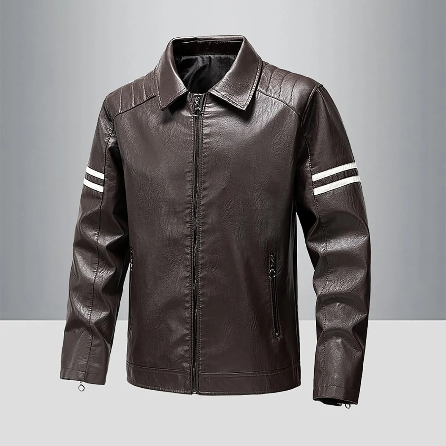 Dgoopd Leather Jacket for Men Zip up Moto Jacket Slim Fit Motorcycle Jacket Turn down Collar Jacket Casual Biker Jacket