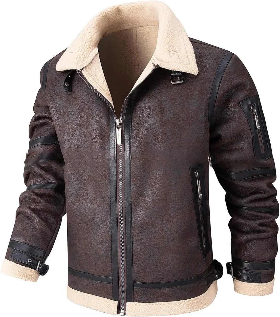 Dgoopd Leather Jacket Men Fleece Lined Motorcycle Jacket Stand Collar Moto Jacket Zip up Biker Jacket Faux Leather Coat