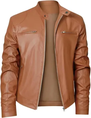 Dgoopd Leather Jackets for Men Stand Collar Moto Jacket Zip up Biker Jacket Waterproof Motorcycle Jacket Faux Leather Jacket