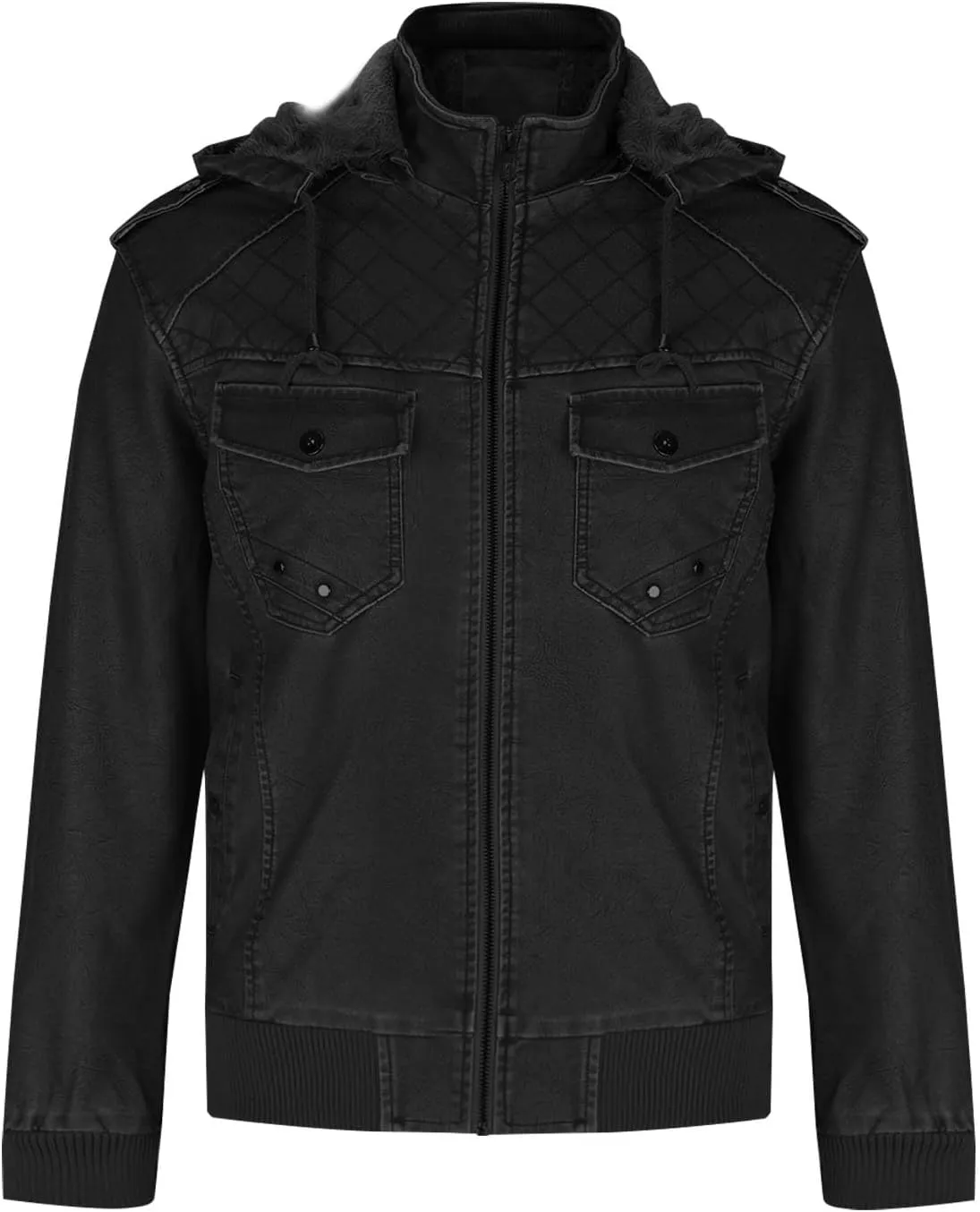 Dgoopd Men Leather Jacket with Hood Stand Collar Moto Jacket Vintage Motorcycle Jacket Zip up Biker Jacket Faux Leather Coat