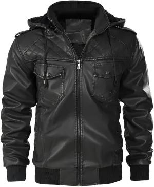 Dgoopd Men Leather Jacket with Hood Stand Collar Moto Jacket Vintage Motorcycle Jacket Zip up Biker Jacket Faux Leather Coat