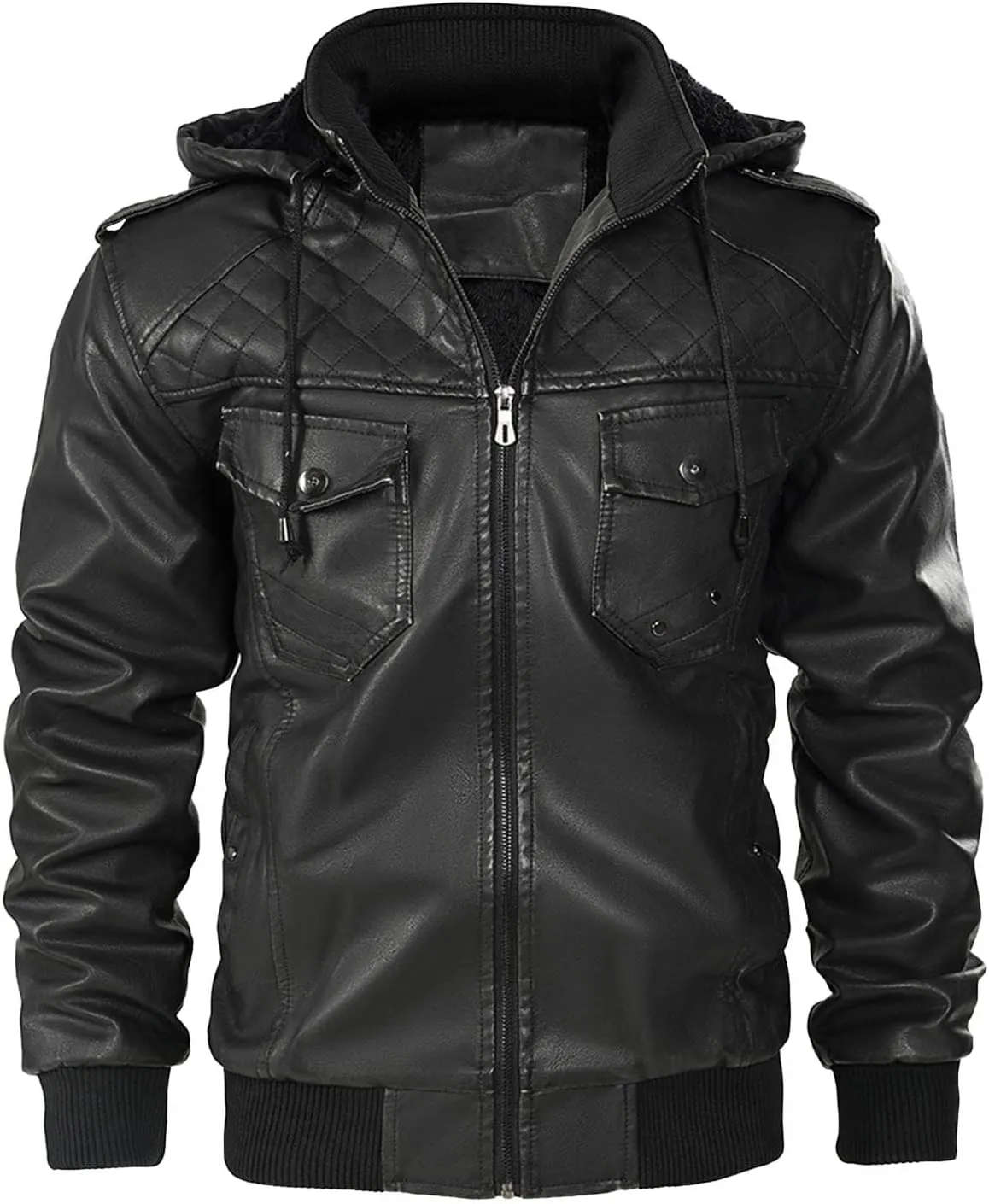 Dgoopd Men Leather Jacket with Hood Stand Collar Moto Jacket Vintage Motorcycle Jacket Zip up Biker Jacket Faux Leather Coat