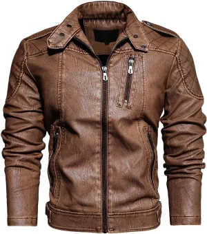 Dgoopd Mens Leather Jacket Stand Collar Moto Jacket Vintage Motorcycle Jacket Zip up Biker Jacket Plus Size PU Leather Jacket